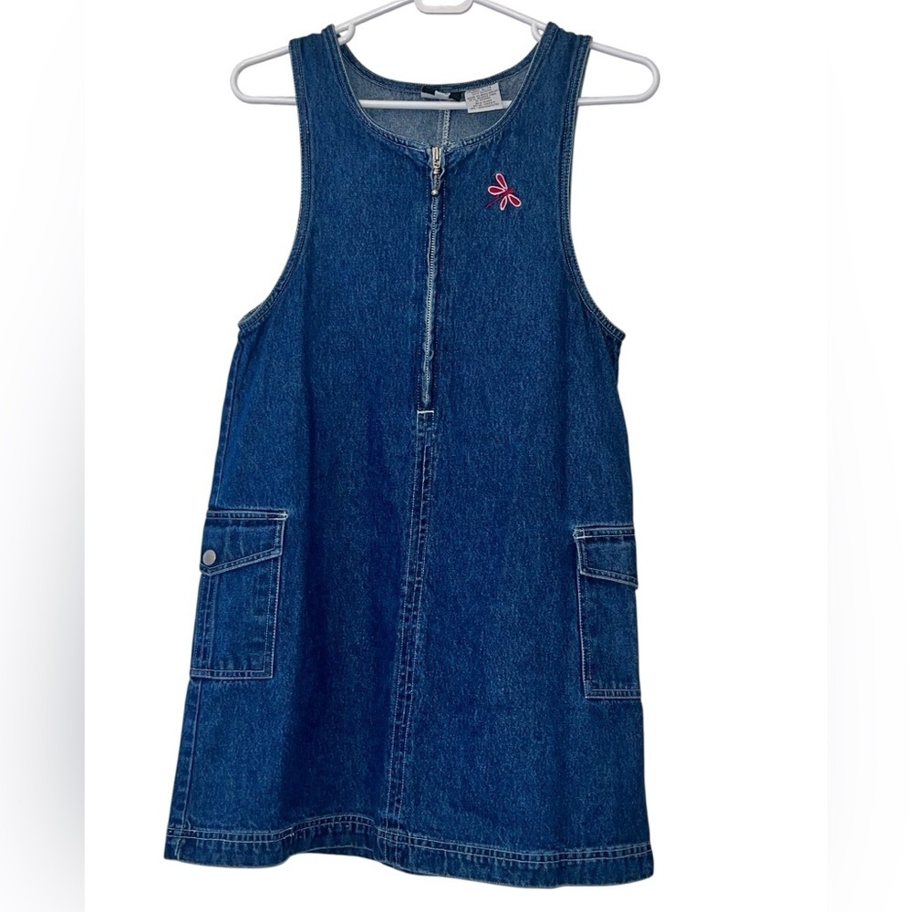 Vtg In Design girl Blue Denim Jean cargo jumper dress zip front 12/14